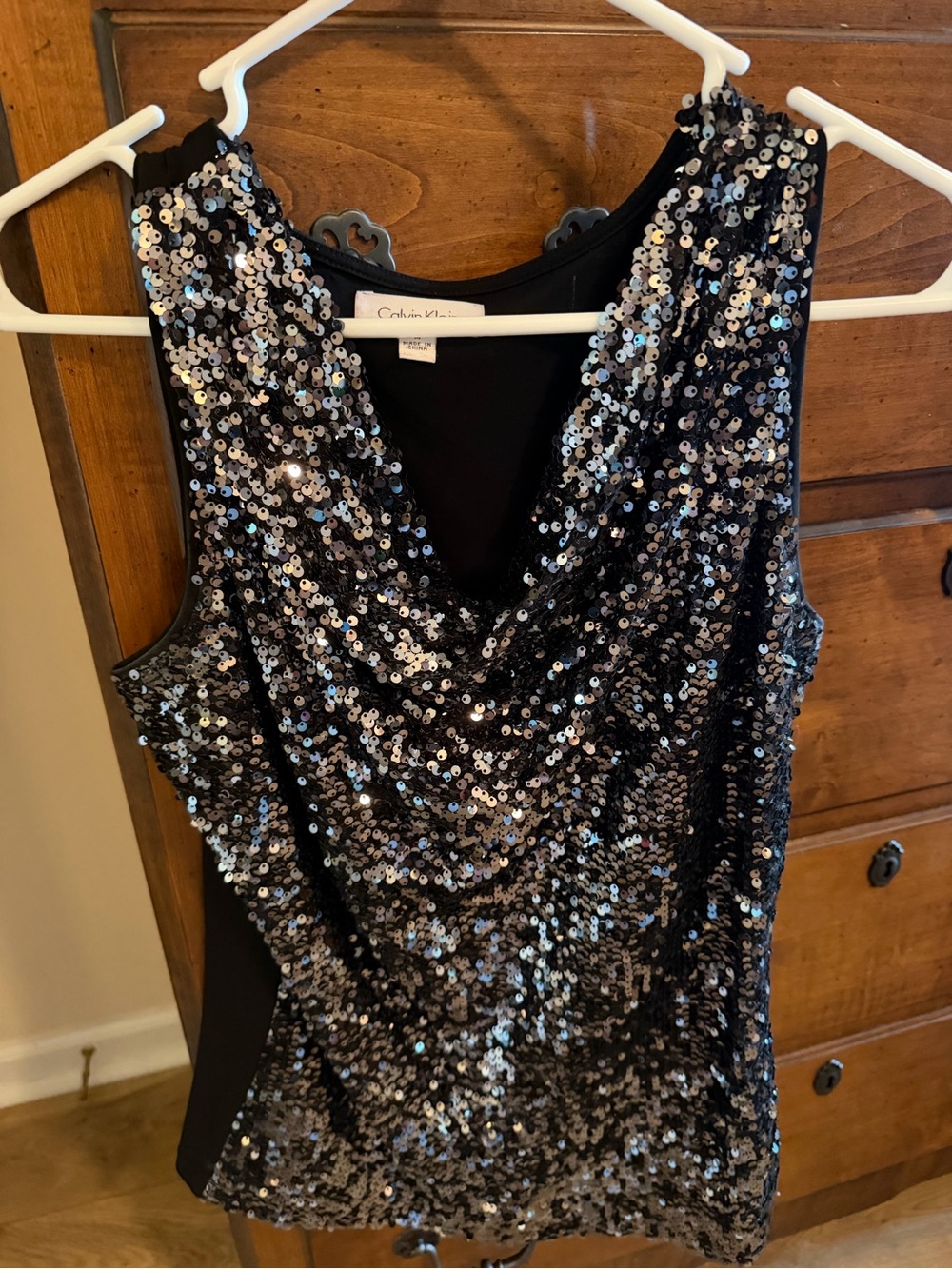 Calvin Klein Black and Silver Sequin Cowl-Neck Tank